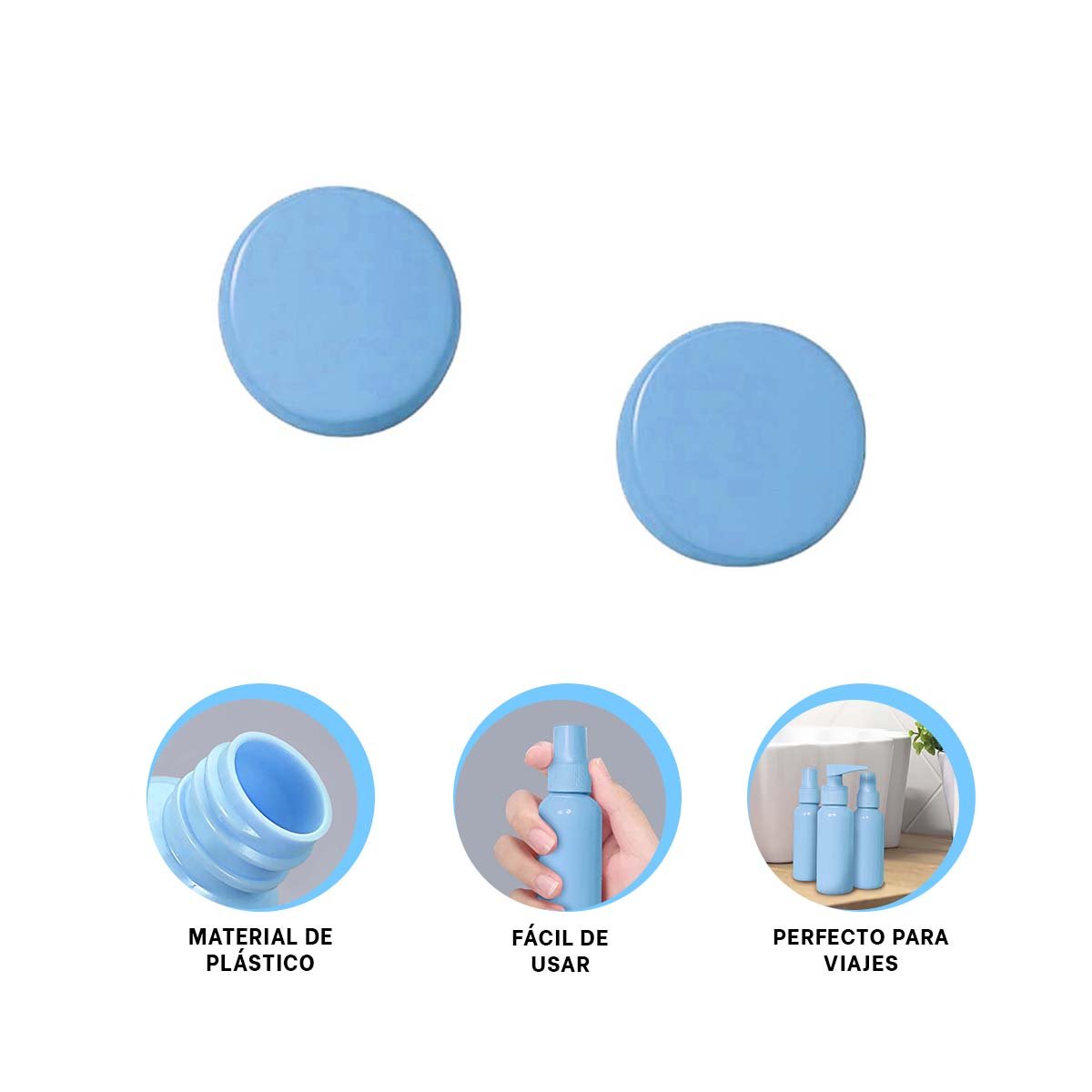 JUEGO DE FRASCOS PORTATILES 7 PIEZAS CELESTE PARA PRODUCTOS LIQUIDOS Y HIGIENICOS - 3