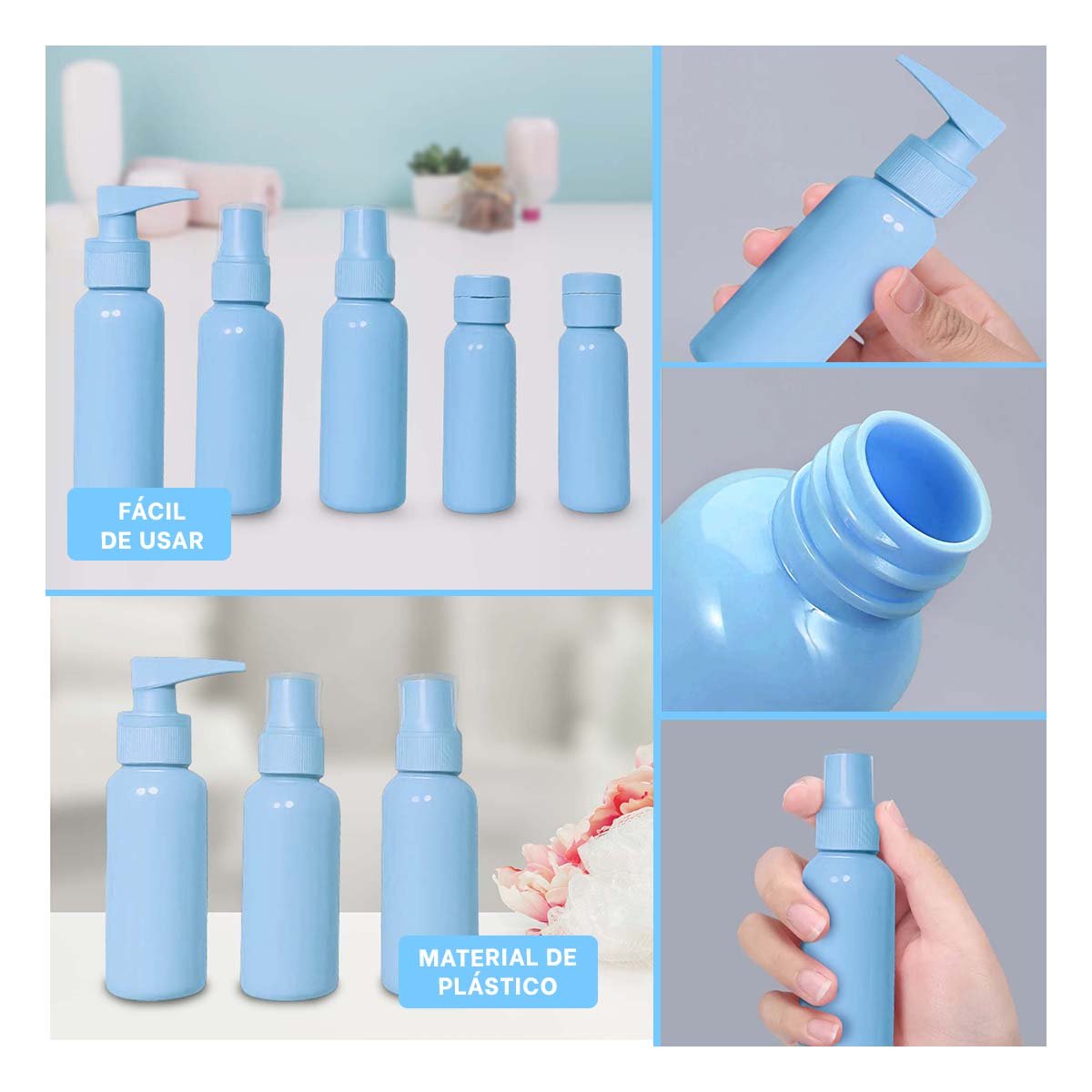 JUEGO DE FRASCOS PORTATILES 7 PIEZAS CELESTE PARA PRODUCTOS LIQUIDOS Y HIGIENICOS - 5