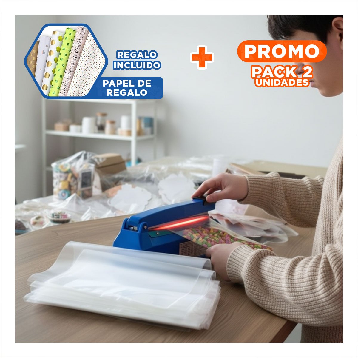PACK2 DISPOSITIVO COMPACTO QUE FACILITA EL SELLADO AZUL Y+PAPEL REGALO - 1