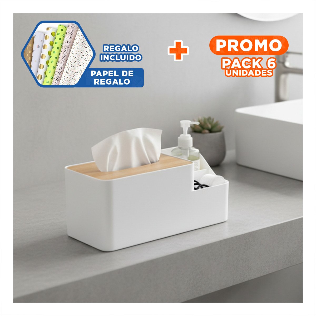 PACK6 PORTA OBJETOS MULTIFUNCIONAL PARA SERVILLETAS COMODO Y PRACTICO BLANCO Y+PAPEL REGALO - 1