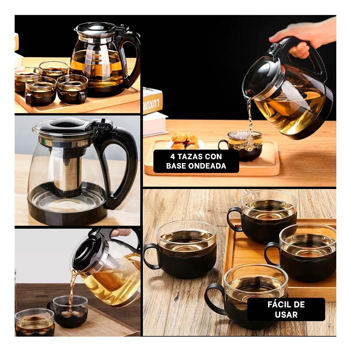 JARRA TRANSPARENTE DE 1000ML CON 4 TAZAS DE 150ML BASE ONDEADO NEGRO PARA HOGAR Y+POST IT - 1