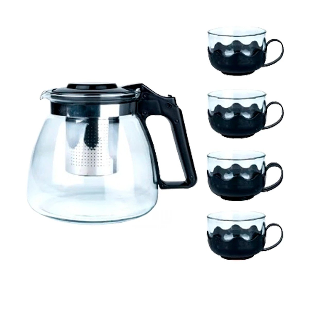 PACK6 TETERA DE CRISTAL DE 1000ML CON 4 TAZAS DE 150ML BASE ONDEADO NEGRO Y+REGALO STICKER - 2