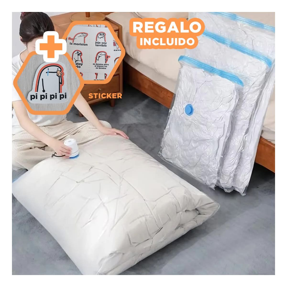 BOLSA COMPACTA AL VACIO 68X98CM PARA GUARDAR ROPA Y ACCESORIOS Y+REGALO STICKER - 1
