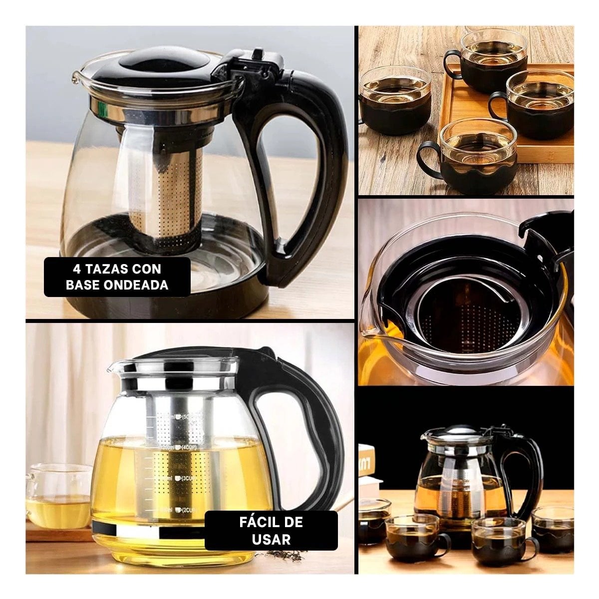 INFUSOR PARA TE DE 1000ML CON 4 TAZAS DE 150ML TRANSPARENTE BASE ONDEADO NEGRO - 5