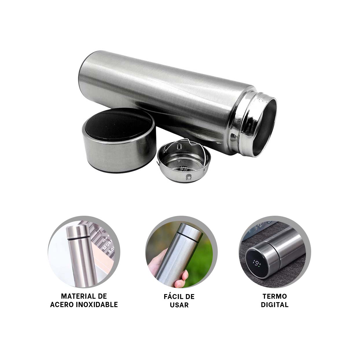 BOTELLA E INFUSOR DE TE PLATEADO Y+REGALO LIGAS PARA PEINAR - 3