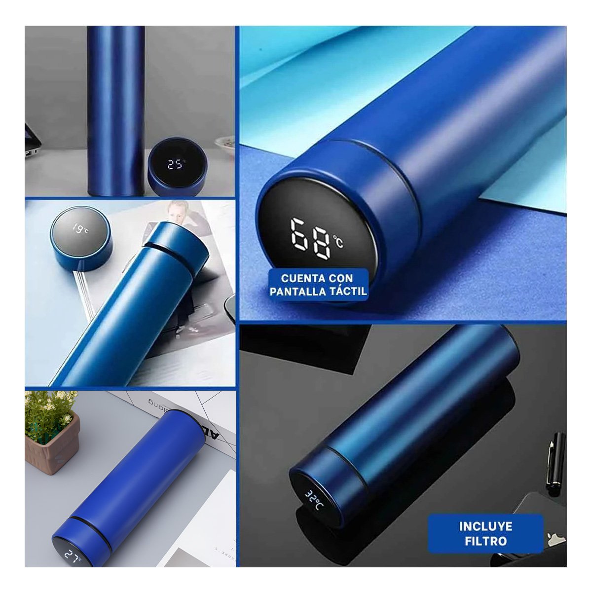 PACK4 VASO TERMICO LIGERO 500 ML CON FILTRO DE TE PARA VIAJES AZUL Y+REGALO STICKER - 2