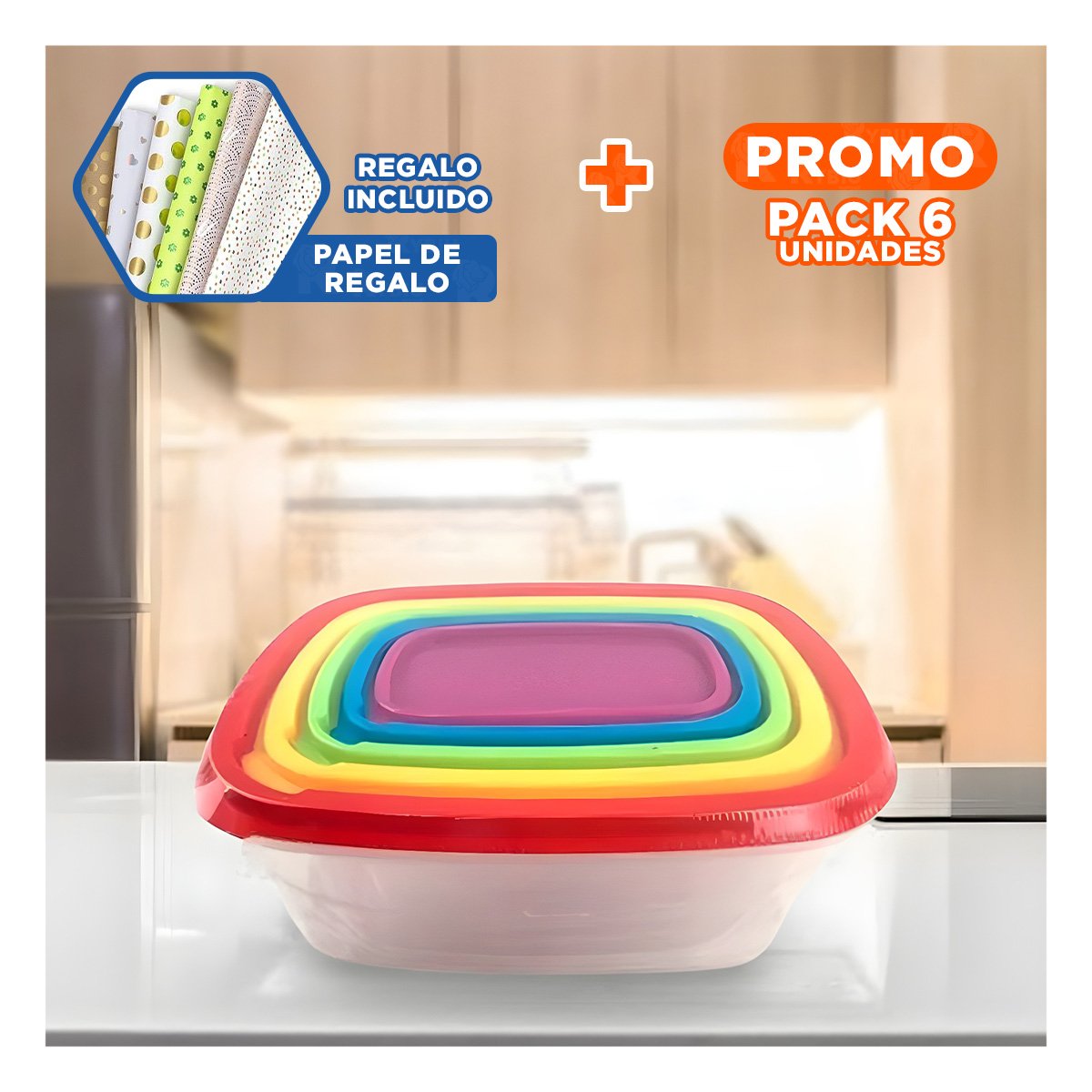 PACK6 ENVASE RECTANGULAR 5 PIEZAS MULTICOLOR PARA REFRIGERACION Y+PAPEL REGALO - 1