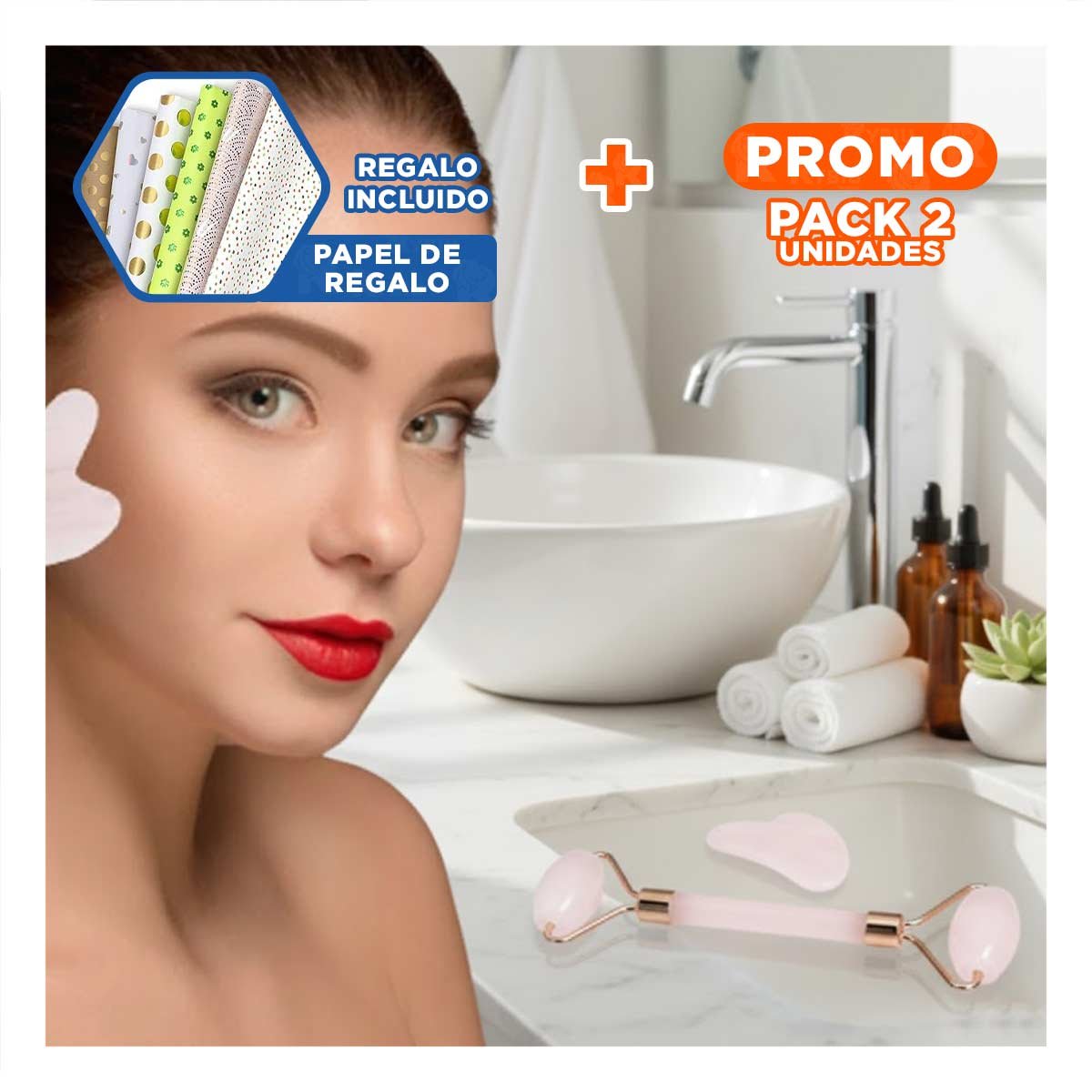 PACK2 COMBO 1 DE CUARZO ROSADO MARMOLEADO PARA RUTINA DE BELLEZA Y+PAPEL REGALO - 1