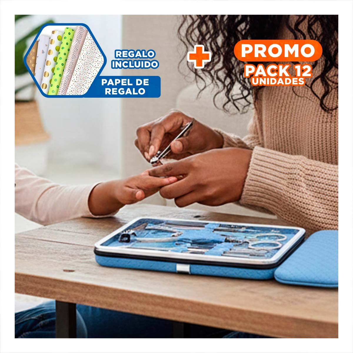 PACK12 ESTUCHE DE ACCESORIOS DE MANICURE Y PEDICURE 19 PIEZAS CELESTE Y+PAPEL REGALO - 1