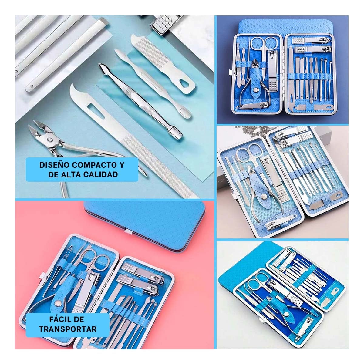 PACK12 ESTUCHE DE ACCESORIOS DE MANICURE Y PEDICURE 19 PIEZAS CELESTE Y+PAPEL REGALO - 2