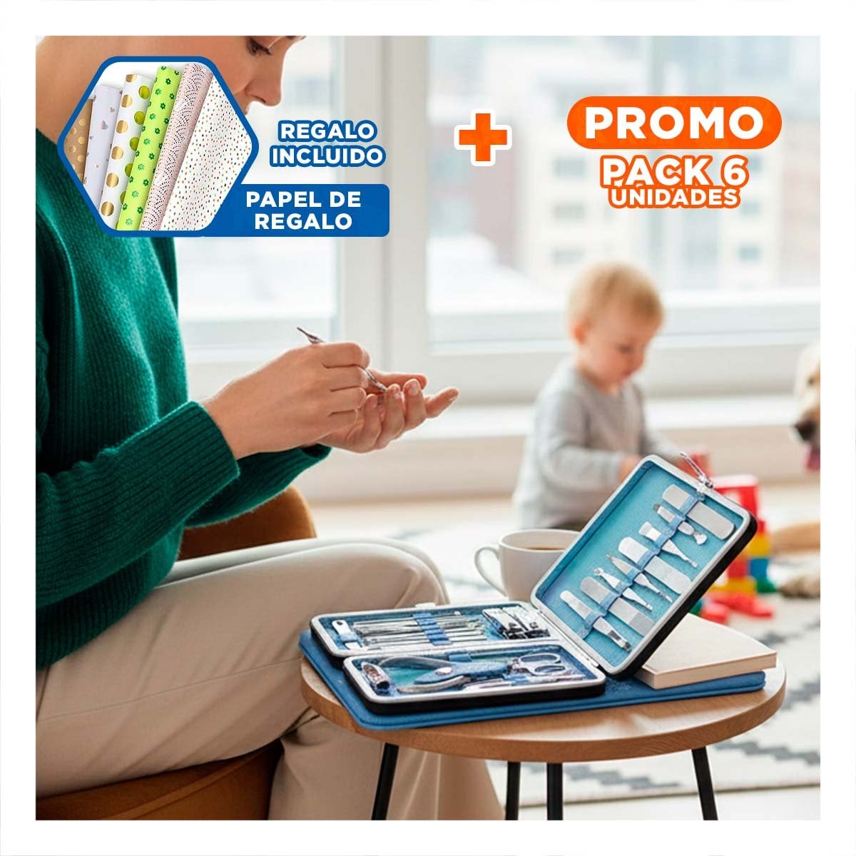 PACK6 JUEGO DE HERRAMIENTAS DE MANICURE Y PEDICURE 19 PIEZAS CELESTE Y+PAPEL REGALO - 1