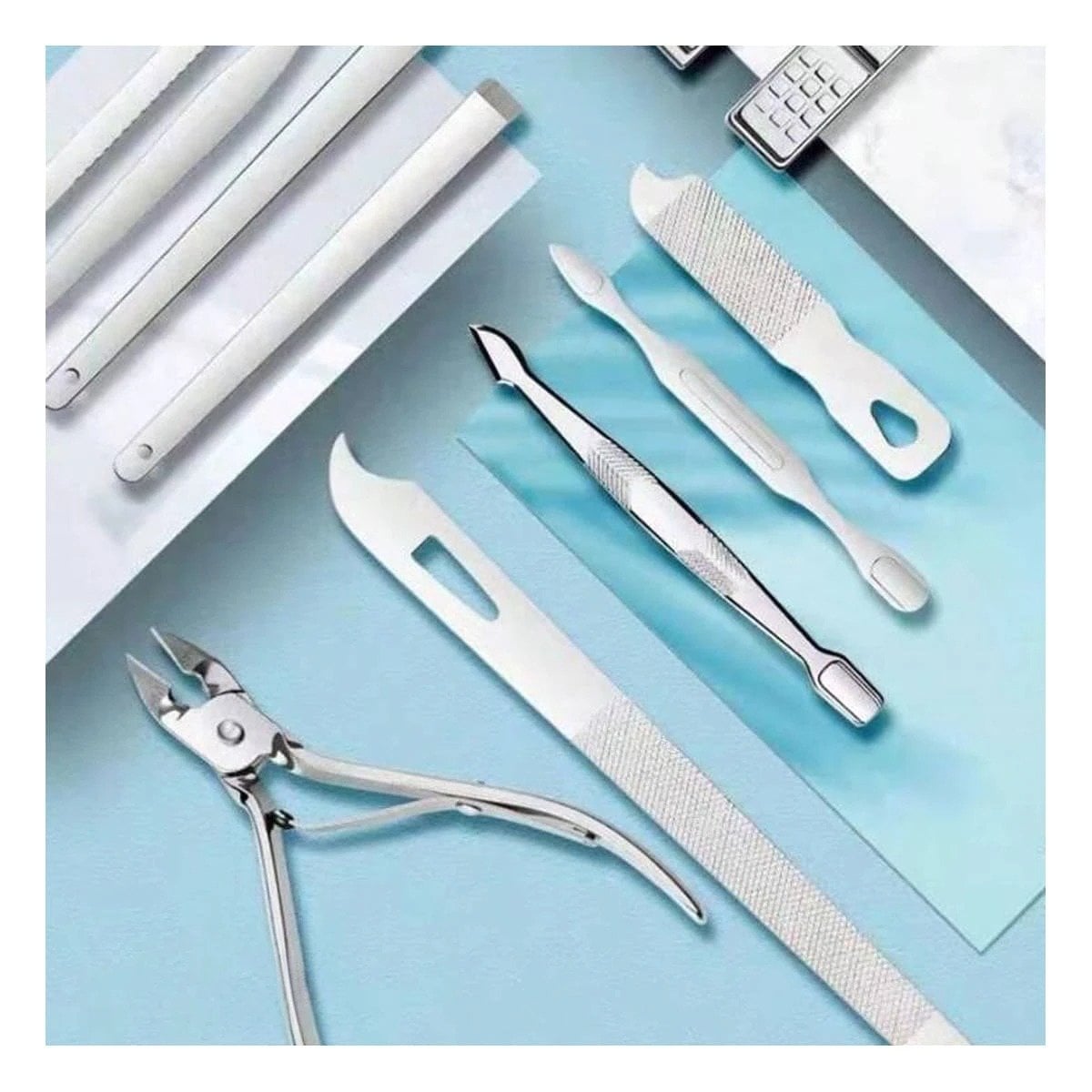PACK6 JUEGO DE HERRAMIENTAS DE MANICURE Y PEDICURE 19 PIEZAS CELESTE Y+PAPEL REGALO - 2
