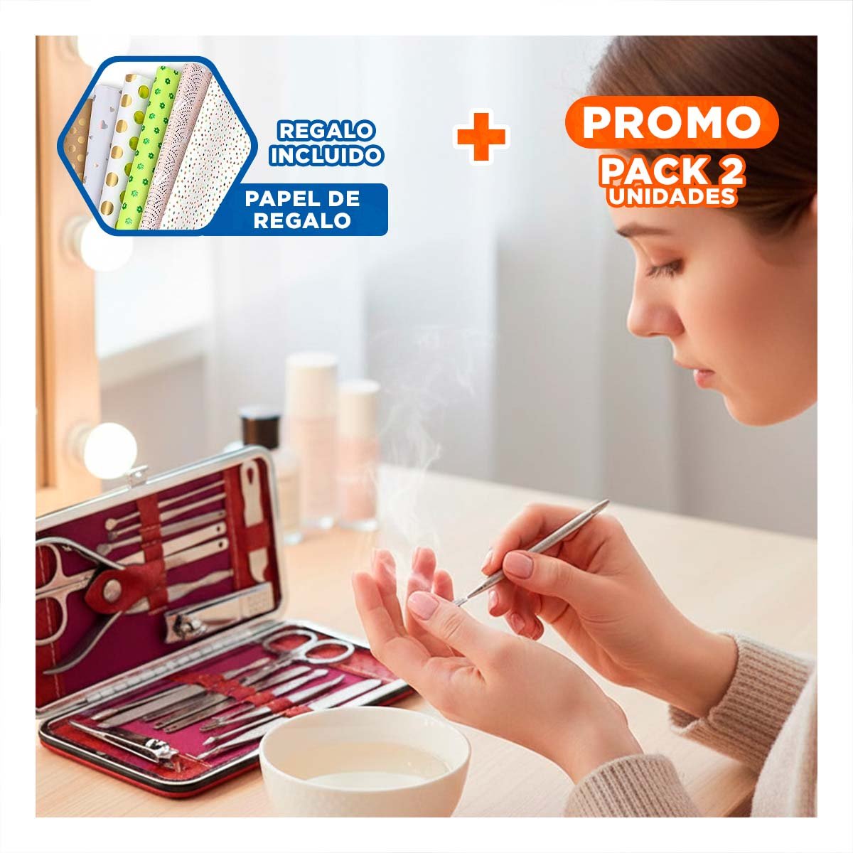 PACK2 EQUIPO PROFESIONAL DE MANICURE Y PEDICURE 19 PIEZAS CELESTE CON ESTUCHE Y+PAPEL REGALO - 1