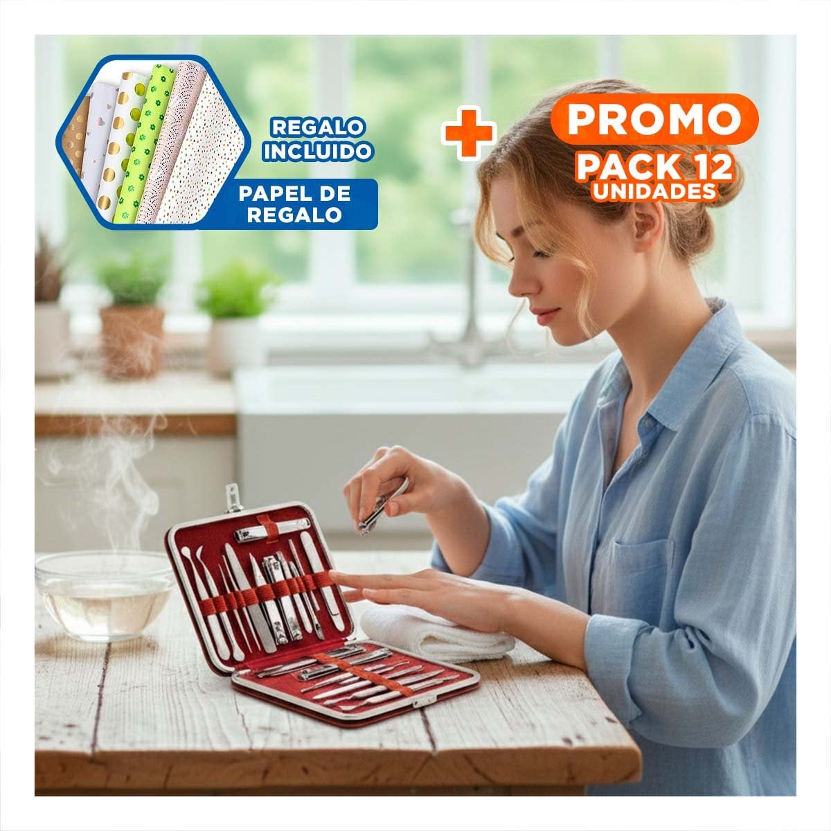 PACK12 ESTUCHE DE ACCESORIOS DE MANICURE Y PEDICURE 19 PIEZAS CELESTE Y+PAPEL REGALO - 1