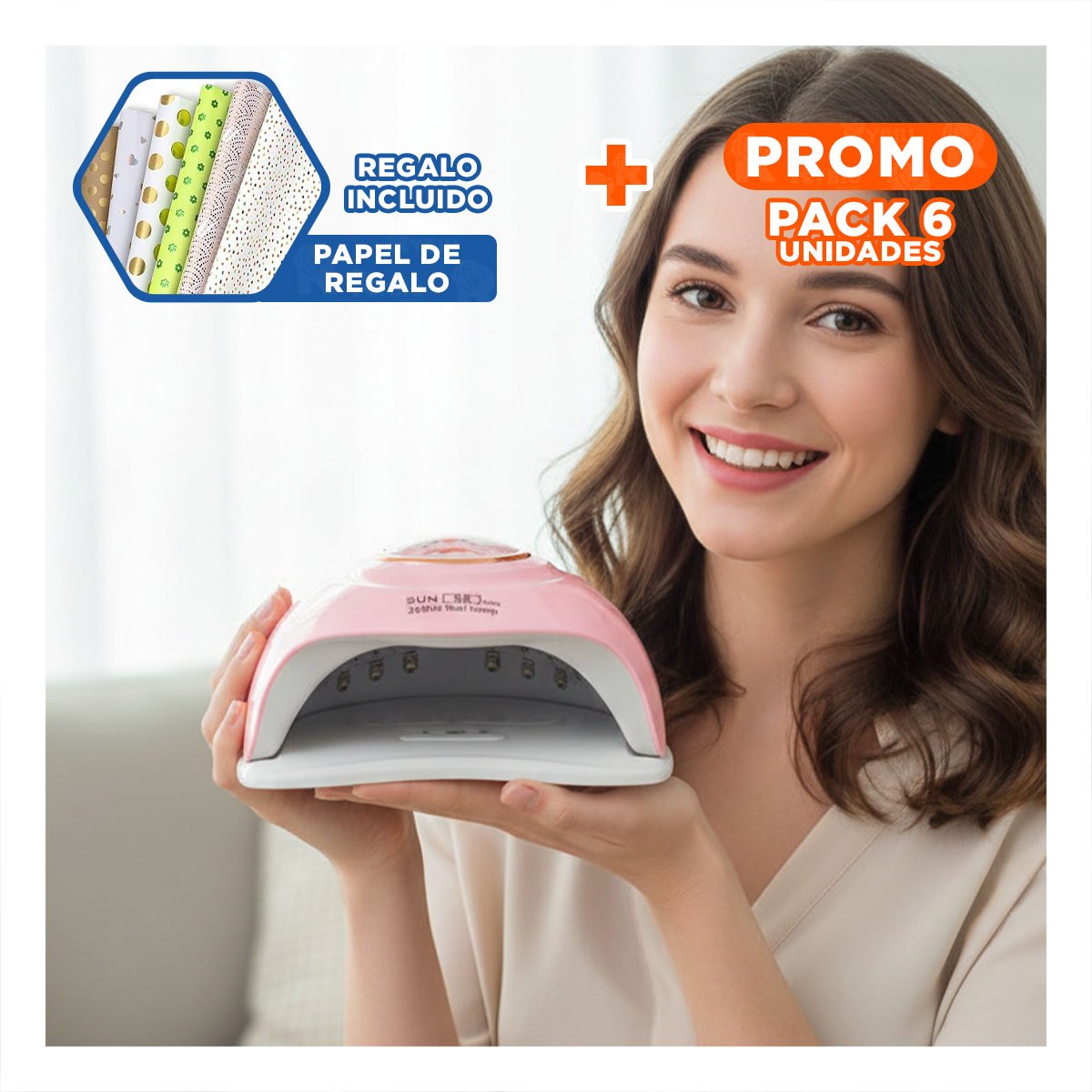 PACK6 SECADORA LED 2 EN 1 SUN S8 PRO ROSADO PARA UÑAS GEL DISENO CHANCHO Y+PAPEL REGALO - 1