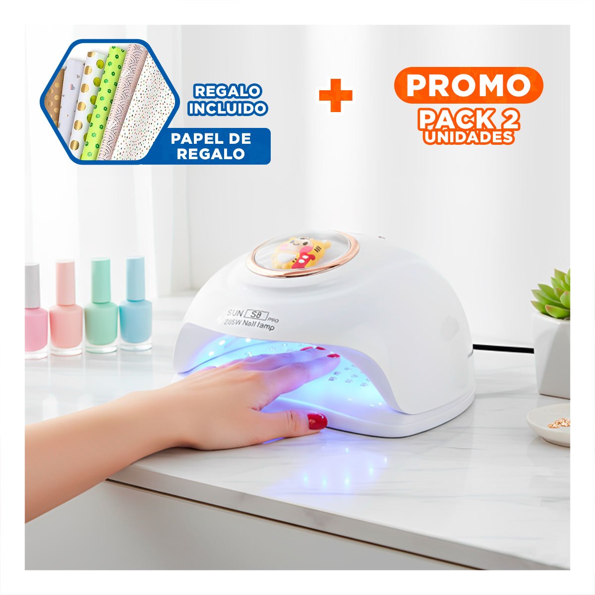 PACK2 DISPOSITIVO LED SUN S8 PRO 2 EN 1 BLANCO PARA SECADO RAPIDO DE UÑAS TIGRE Y+PAPEL REGALO - 1