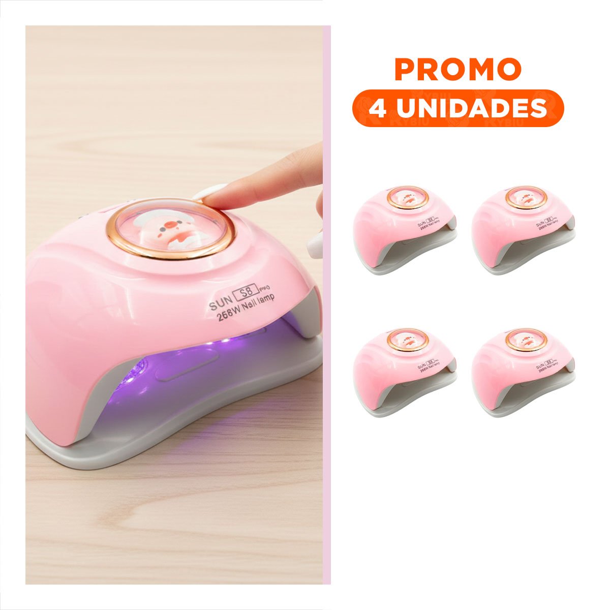 PACK4 LUZ LED 2 EN 1 SUN S8 PRO ROSADO PARA UÑAS GEL DISENO CHANCHO Y+REGALO STICKER - 1
