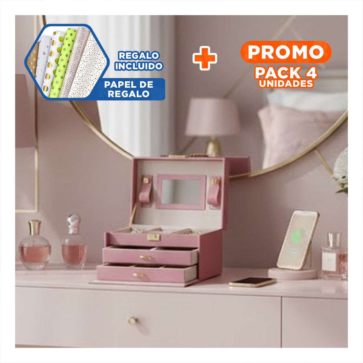 PACK4 CAJA PRACTICA DE 3 NIVELES ROSADA PARA ACCESORIOS Y+PAPEL REGALO - 1