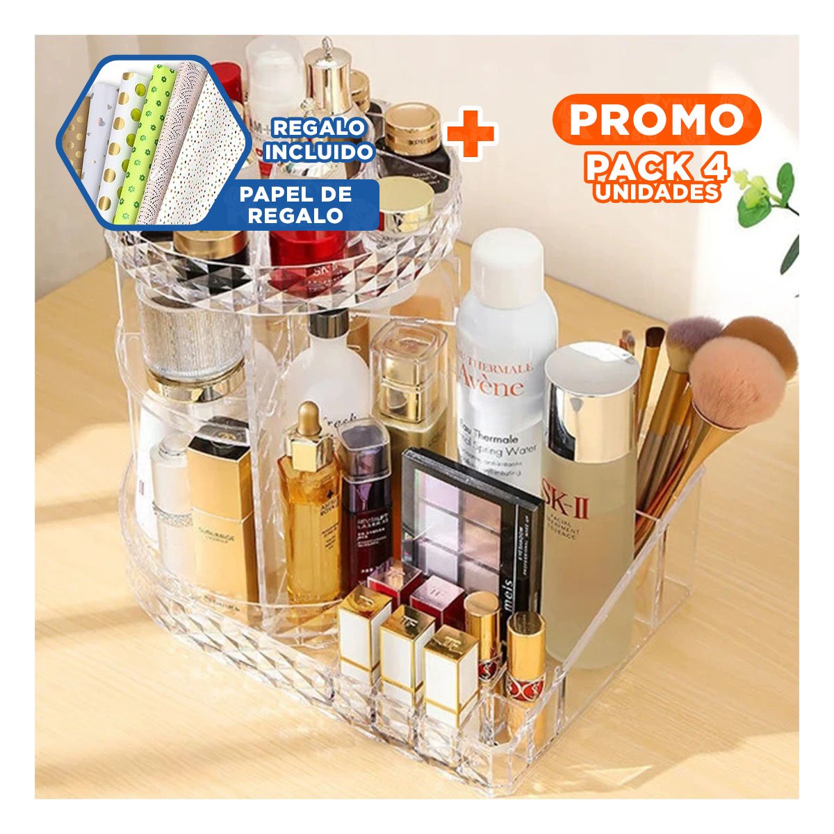 PACK4 ORGANIZADOR GIRATORIO 360 GRADOS TRANSPARENTE BASE CUADRADA Y+PAPEL REGALO - 1