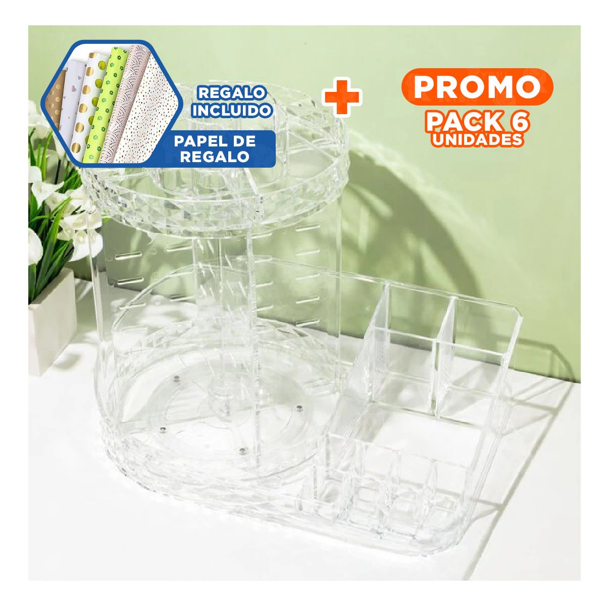 PACK6 EXHIBIDOR GIRATORIO 360 GRADOS TRANSPARENTE BASE CUADRADA Y+PAPEL REGALO - 1