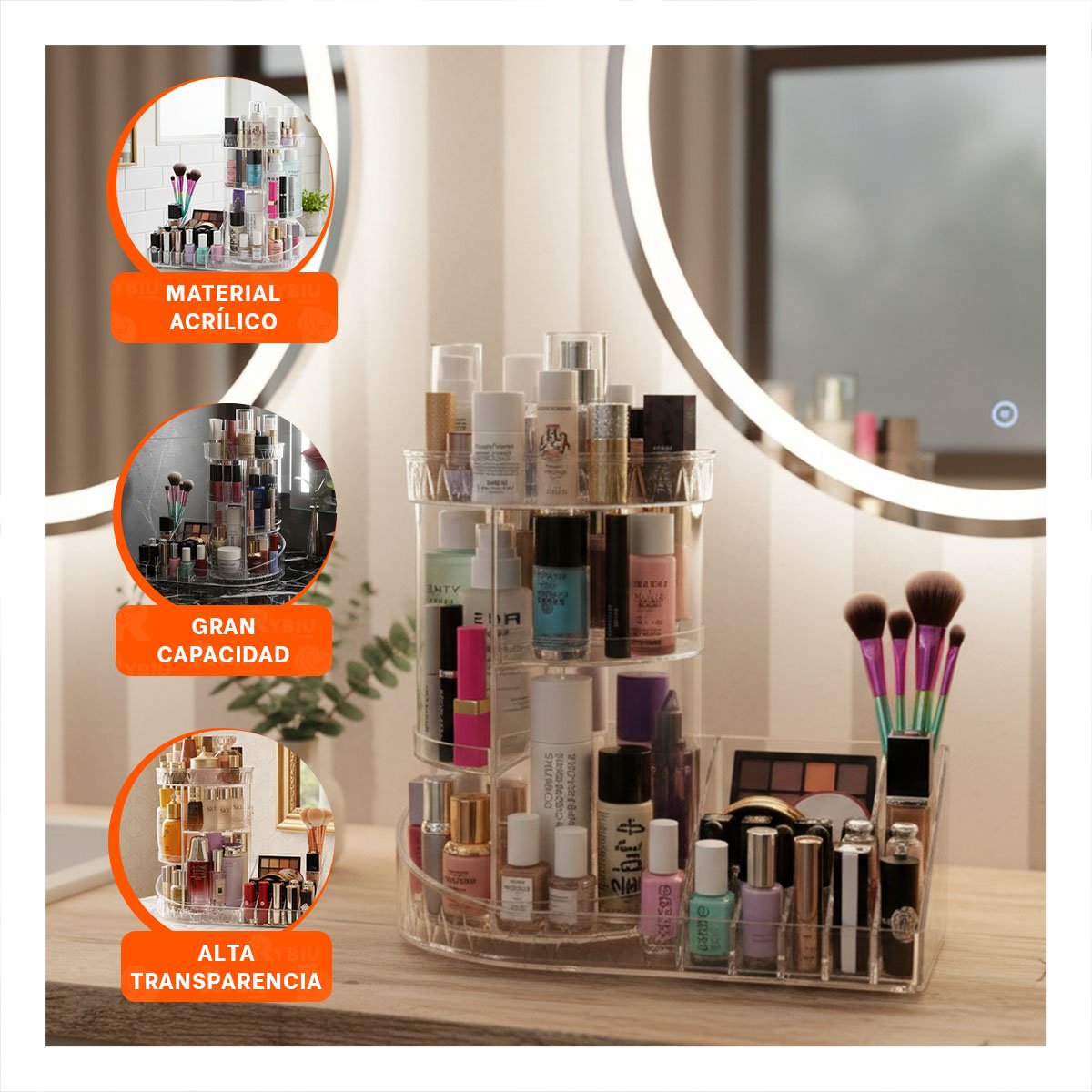 PACK4 ESTANTE TRANSPARENTE 360 GRADOS BASE CUADRADA MAQUILLAJE - 5