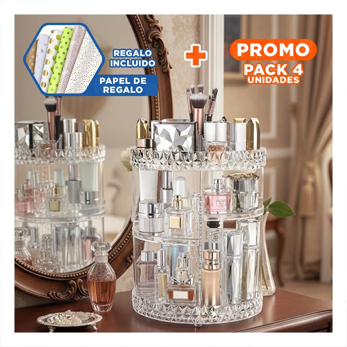 PACK4 EXHIBIDOR COSMETICOS TRANSPARENTE 360 GRADOS TOCADOR Y+PAPEL REGALO - 1