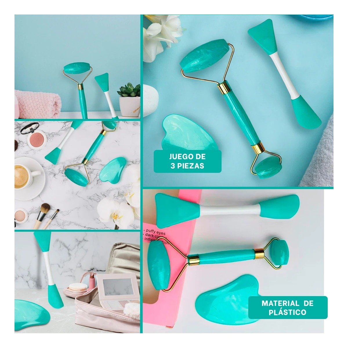 PACK2 SET FUNCIONAL 3 DE LIMPIEZA FACIAL PLASTICO TURQUESA PARA BELLEZA Y+PAPEL REGALO - 3
