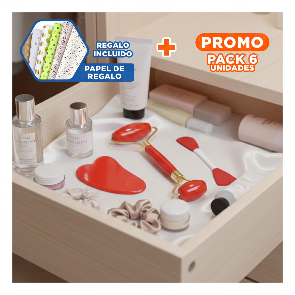 PACK6 JUEGO HOGAR 3 DE LIMPIEZA FACIAL PLASTICO ROJO PARA CUIDADO PERSONAL Y+PAPEL REGALO - 1