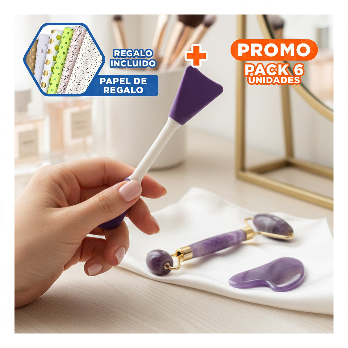 PACK6 JUEGO HOGAR 3 DE LIMPIEZA FACIAL PLASTICO MORADO PARA CUIDADO PERSONAL Y+PAPEL REGALO - 1