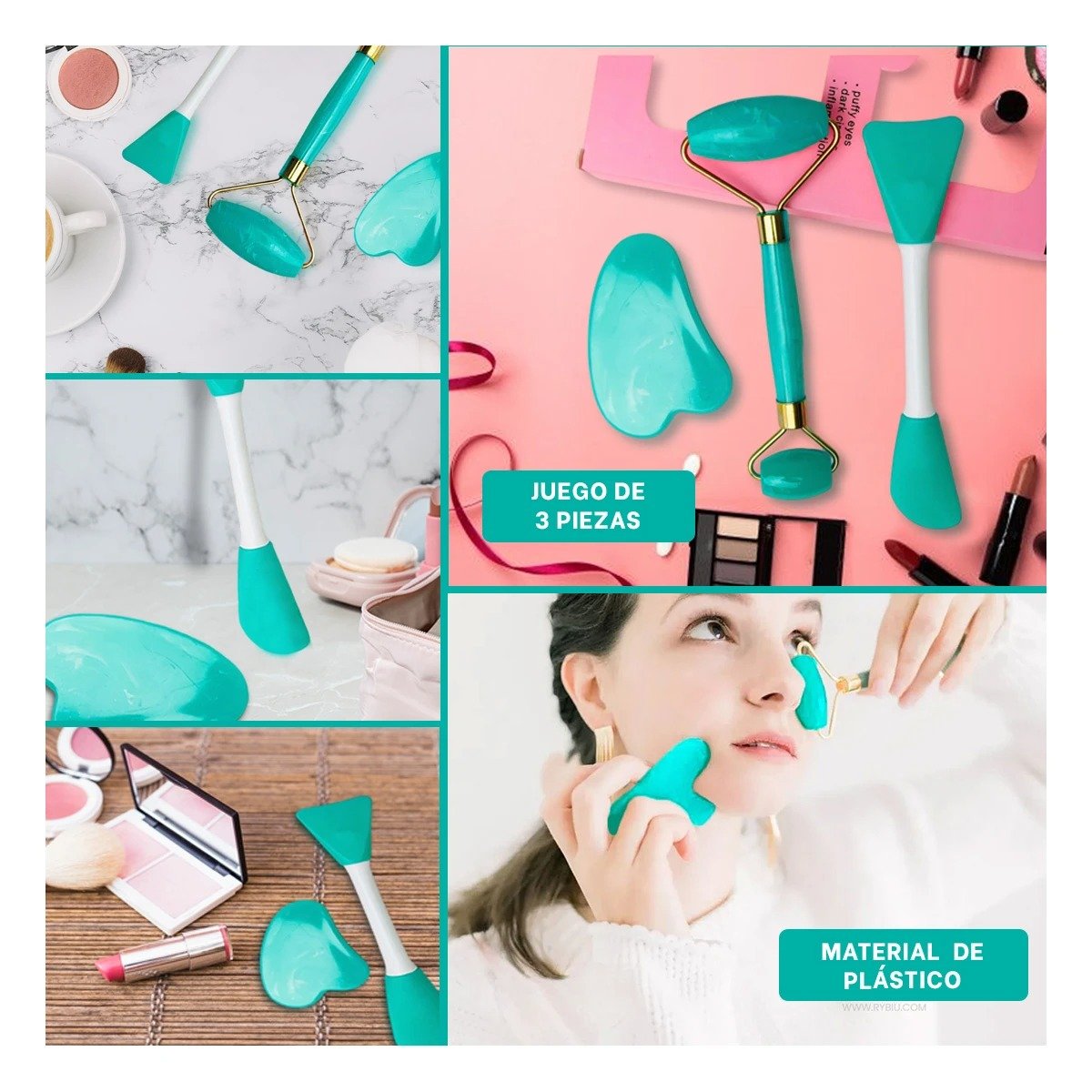 PACK4 CONJUNTO BELLEZA 3 DE LIMPIEZA FACIAL PLASTICO TURQUESA PARA RUTINA Y+REGALO STICKER - 2