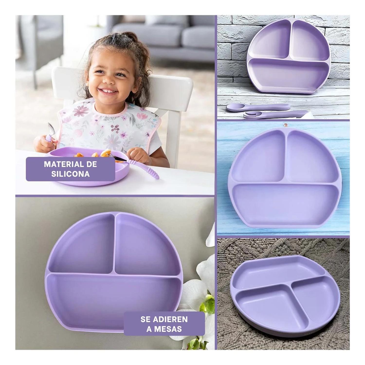PACK6 PLATO CON 3 SECCIONES LILA DE SILICONA PARA SU TARDE DE MERIENDAS Y+REGALO STICKER - 6