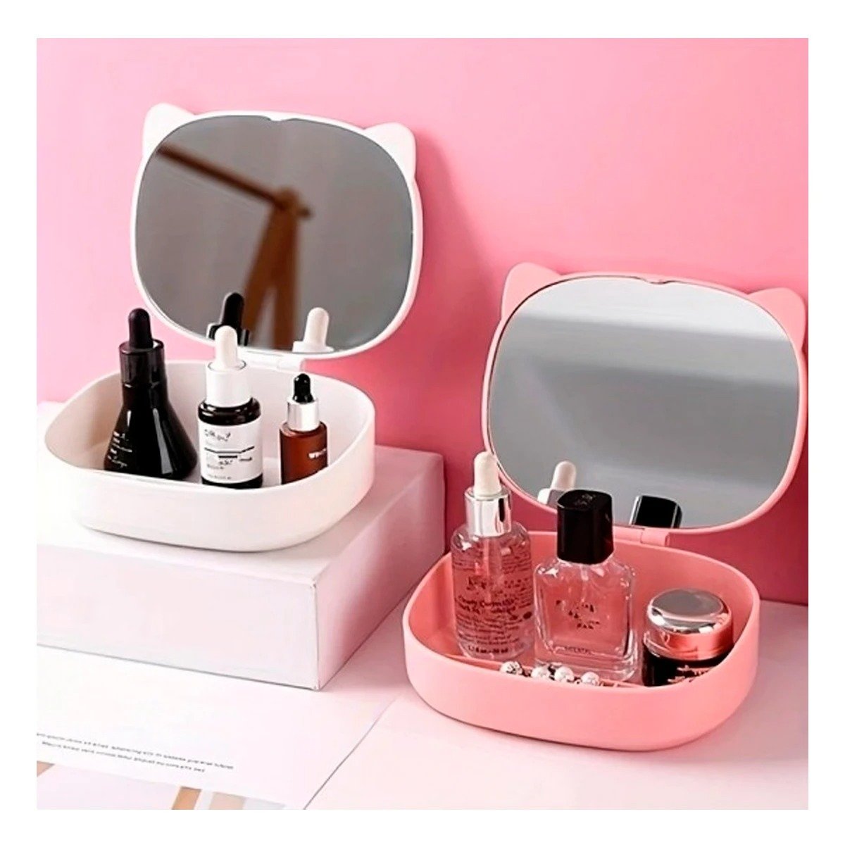 PACK2 CAJA EN COLOR ROSADO ESTILO GATO CON ESPEJO FRONTAL Y ESPACIOS INTERNOS - 5
