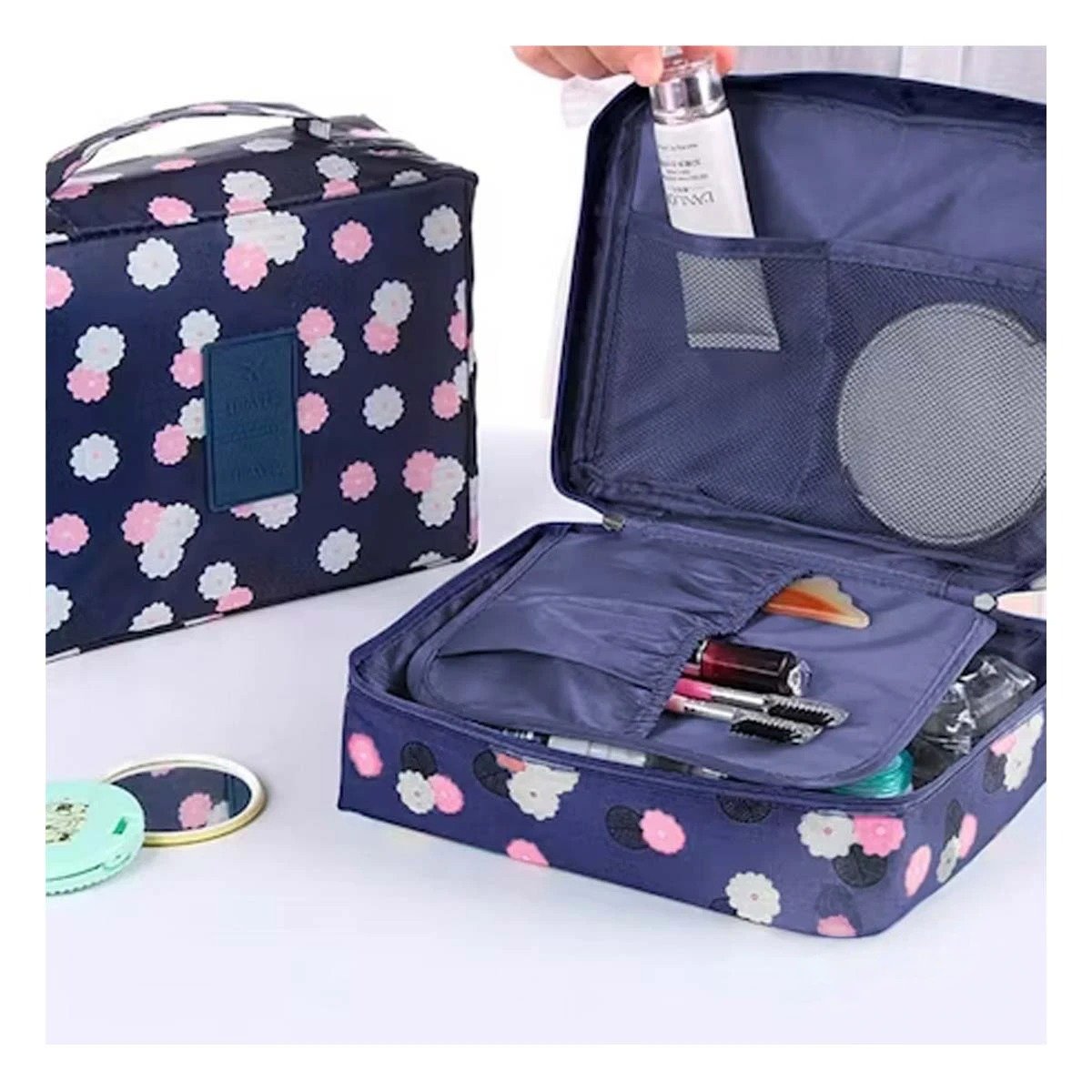 PACK2 BOLSO DE MAQUILLAJE 20X15CM AZUL CON DISEÑO FLORES Y+REGALO STICKER - 3