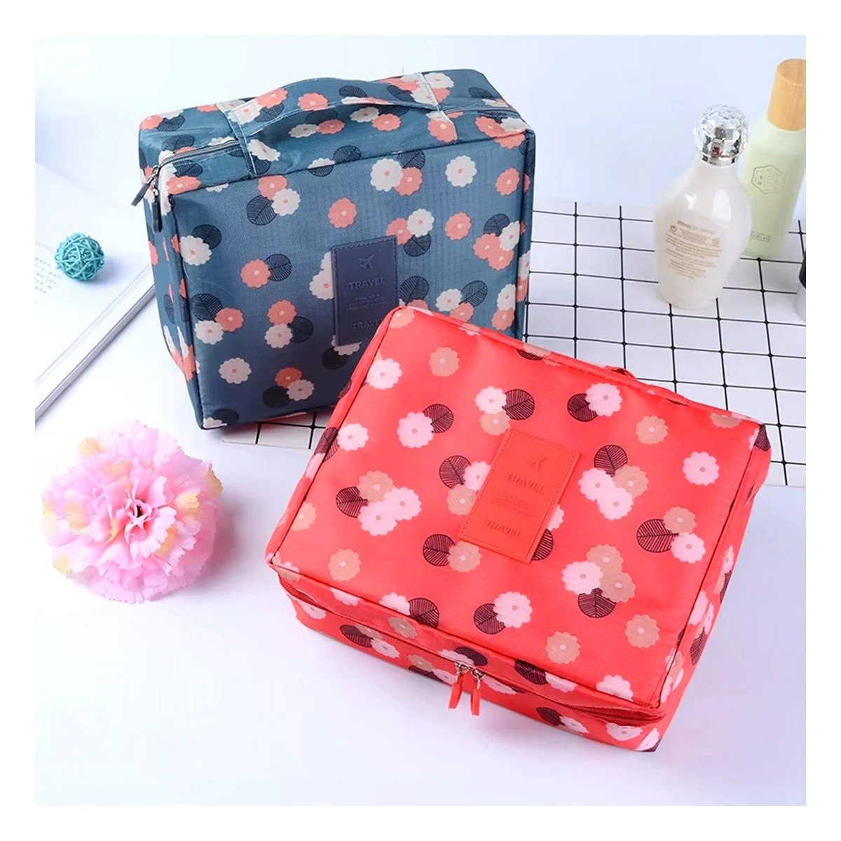 PACK2 BOLSO DE MAQUILLAJE 20X15 CM CORAL DISEÑO FLORES PARA CARTERA Y+REGALO STICKER - 5