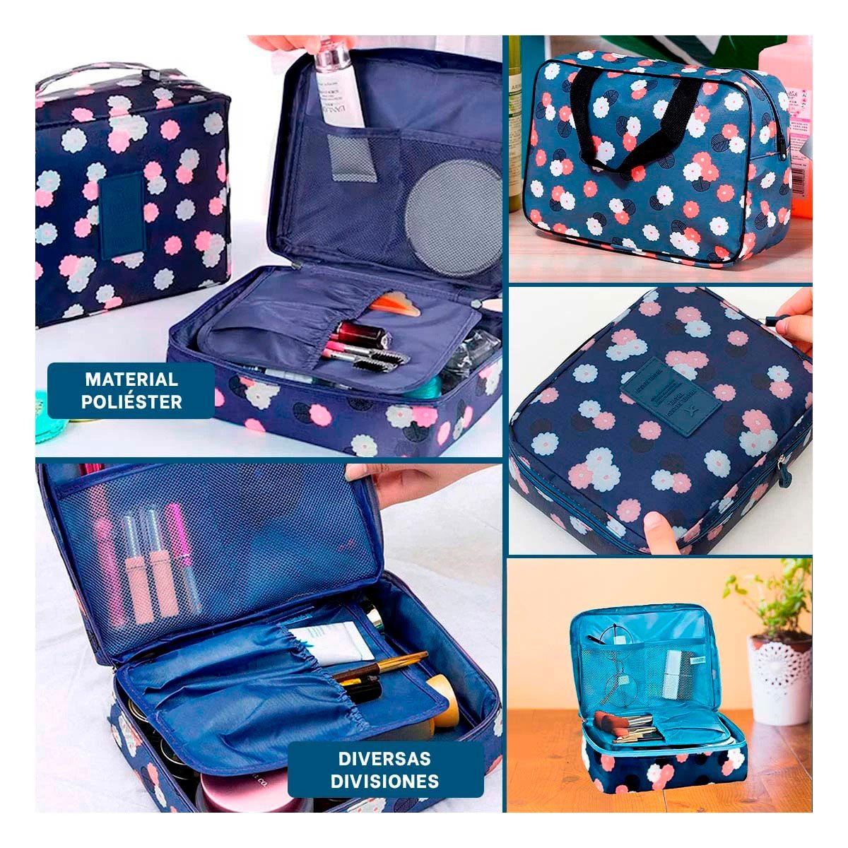 PACK4 CARTUCHERA DE VIAJE 20X15CM AZUL CON DISEÑO FLORES PRACTICA Y+REGALO STICKER - 2