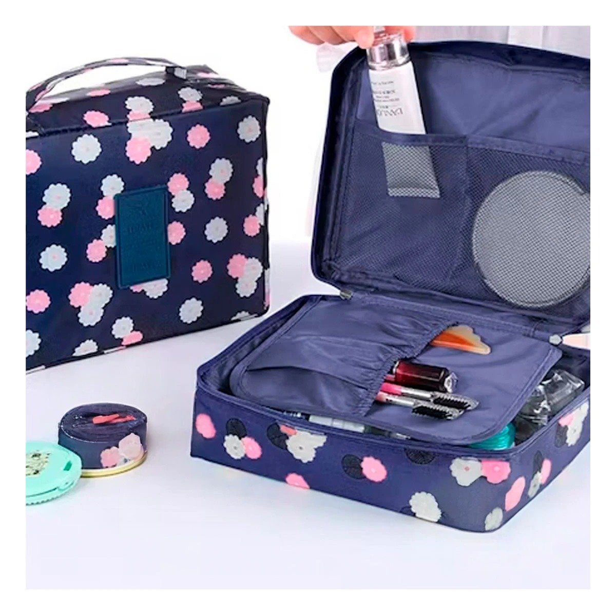 PACK4 CARTUCHERA DE VIAJE 20X15CM AZUL CON DISEÑO FLORES PRACTICA Y+REGALO STICKER - 5