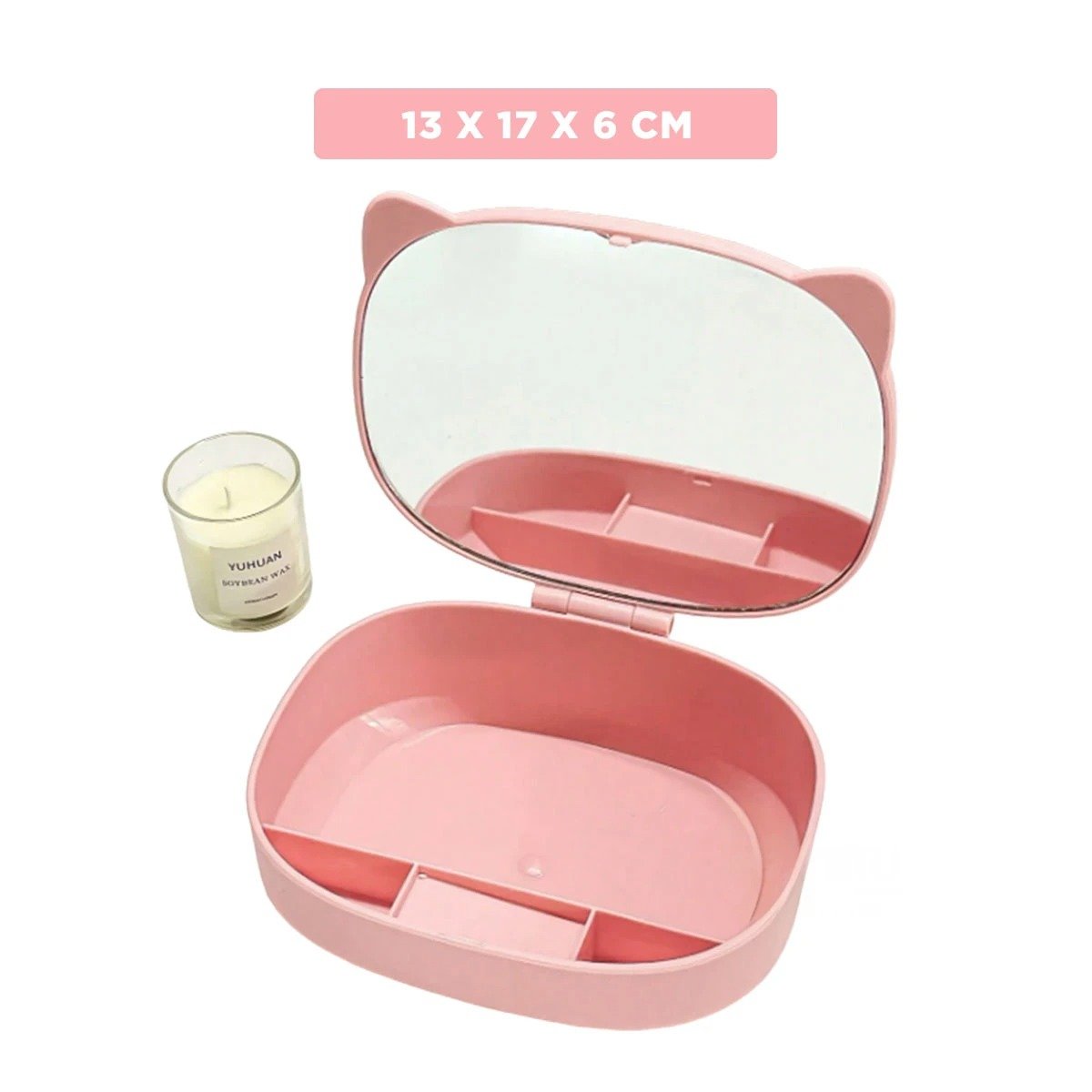PACK4 CAJA EN COLOR ROSADO CON SEPARACIONES INTERNAS Y ESPEJO DECORATIVO GATO Y+PAPEL REGALO - 4