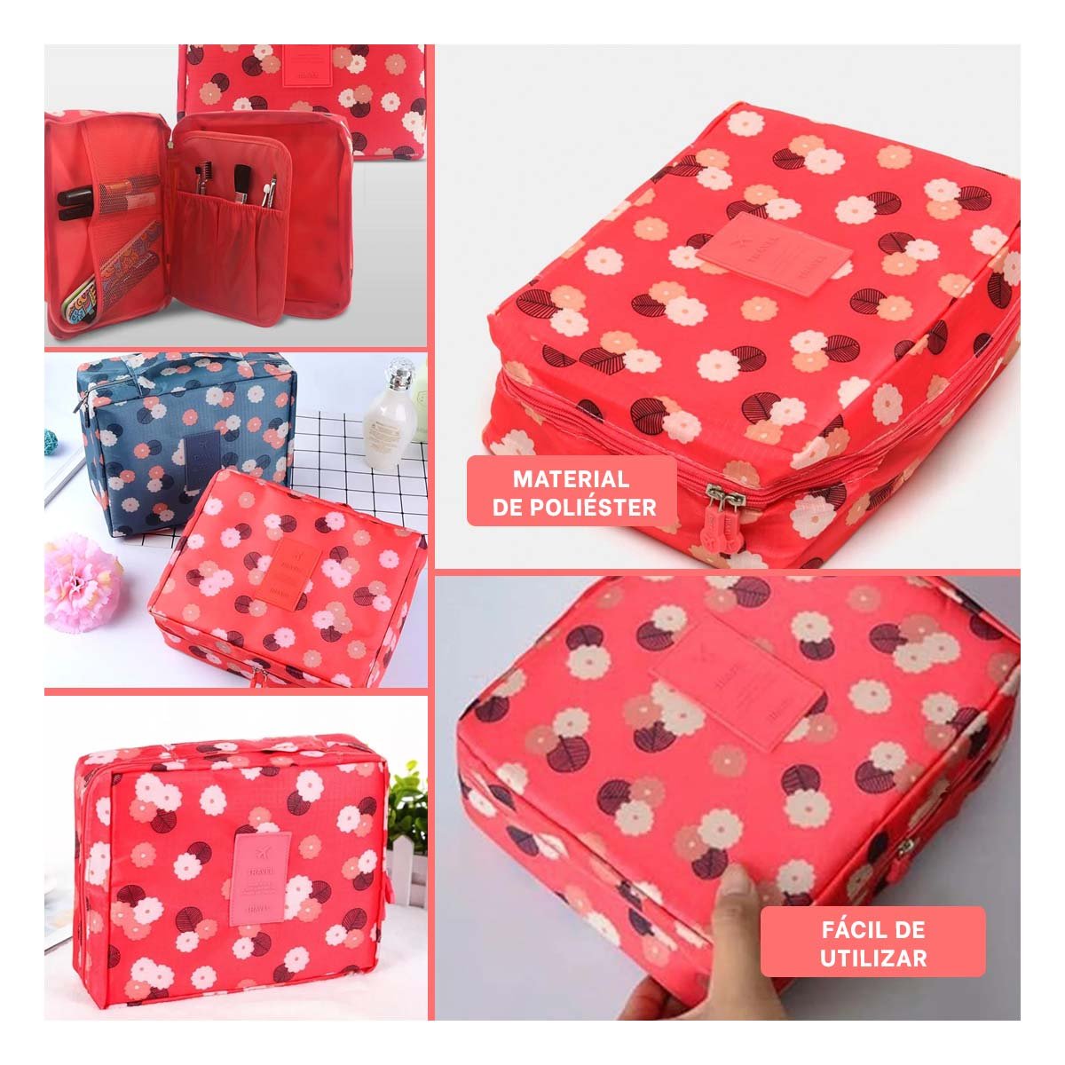 PACK4 CARTUCHERA DE VIAJE 20X15 CM CORAL CON DISEÑO FLORES Y+REGALO STICKER - 2