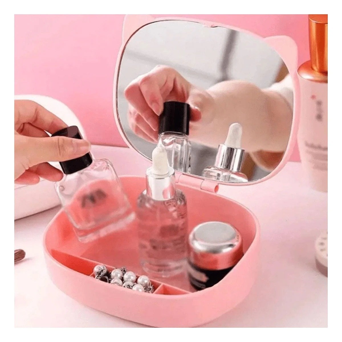 PACK2 CAJA CON ESPEJO EN FORMA DE GATO EN COLOR ROSADO Y AREAS DIVIDIDAS Y+PAPEL REGALO - 1