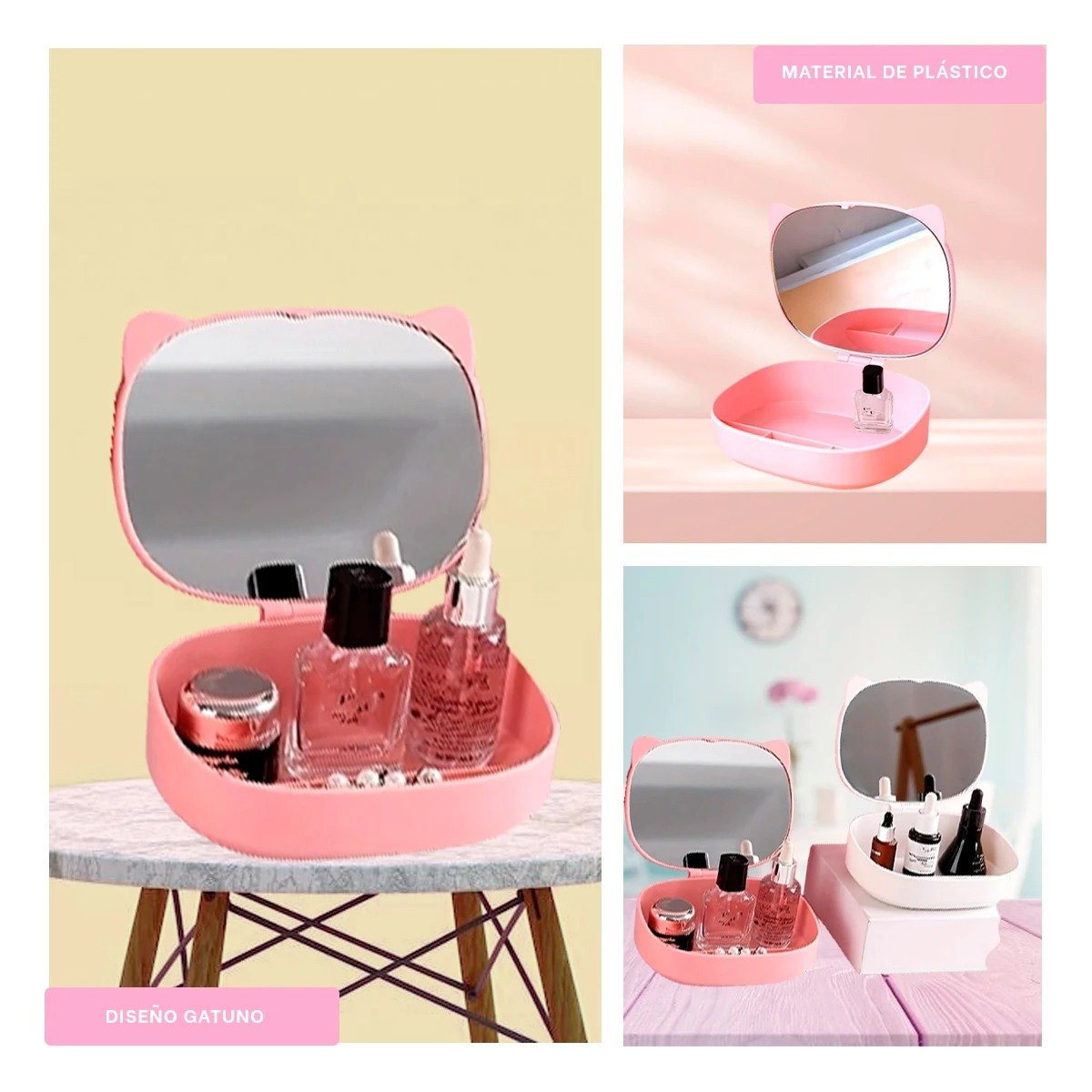 PACK2 CAJA CON ESPEJO EN FORMA DE GATO EN COLOR ROSADO Y AREAS DIVIDIDAS Y+PAPEL REGALO - 3