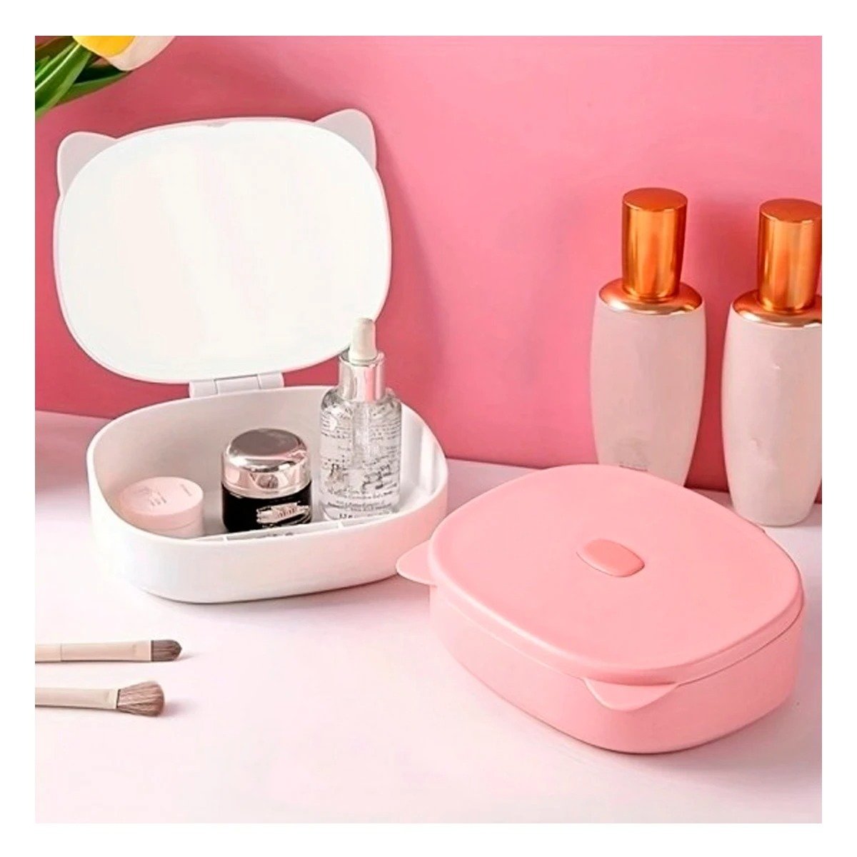 PACK2 CAJA CON ESPEJO EN FORMA DE GATO EN COLOR ROSADO Y AREAS DIVIDIDAS Y+PAPEL REGALO - 5