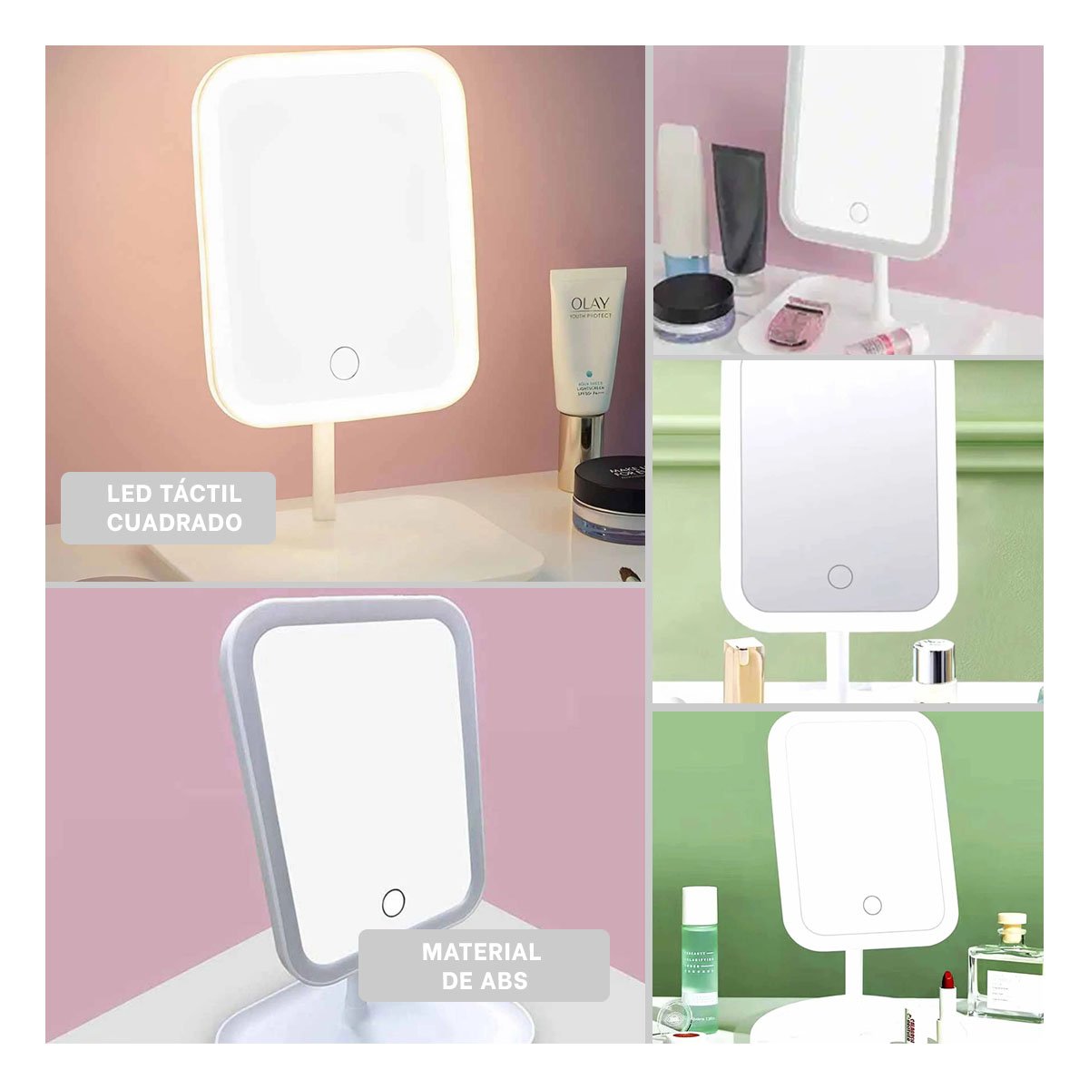 PACK6 TOCADOR COMPACTO LED TACTIL CUADRADO BLANCO CON ILUMINACION CLARA Y+PAPEL REGALO - 3
