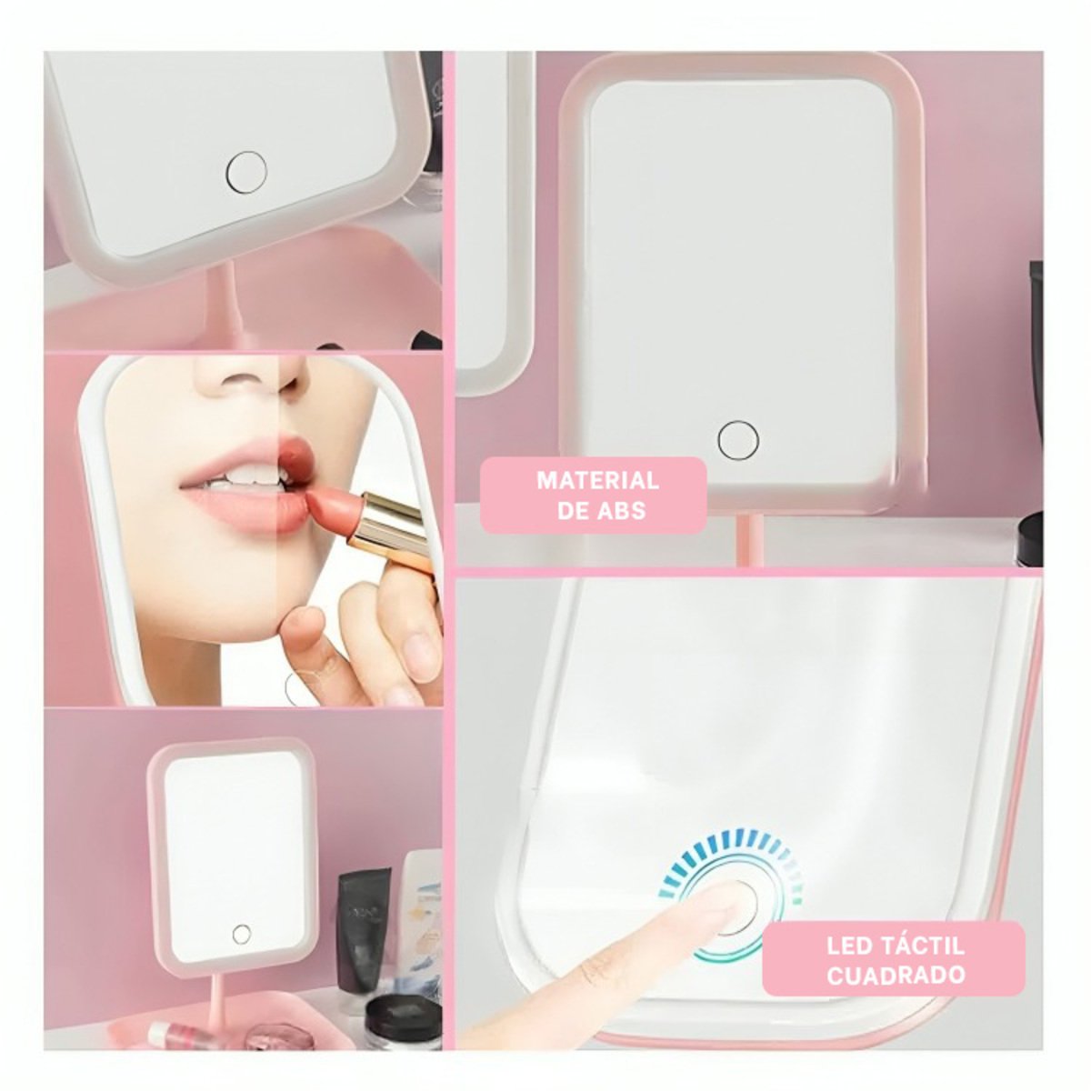 PACK4 REFLEJO CUADRADO MODERNO LED TACTIL ROSADO CON LUZ BLANCA Y+REGALO STICKER - 2