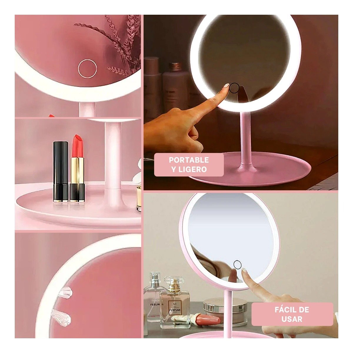 PACK4 REFLEJO CIRCULAR MODERNO LED TACTIL ROSADO CON LUZ BLANCA Y+REGALO STICKER - 2