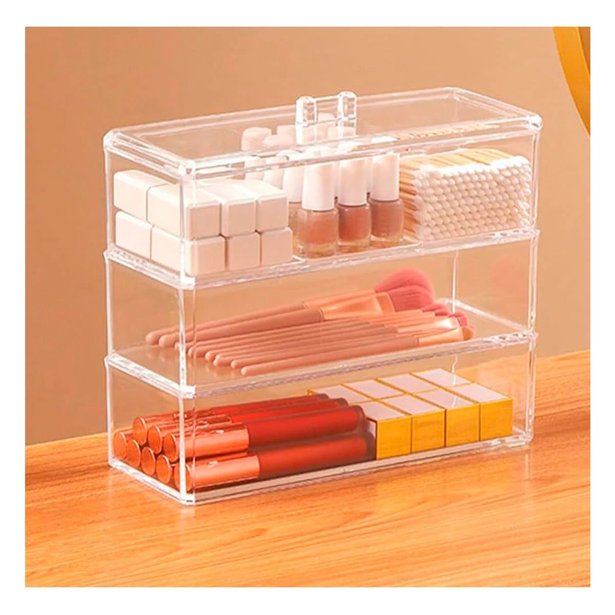 PACK4 CAJA ORGANIZADORA EN COLOR TRANSPARENTE CON TRES PISOS SIN SECCIONES Y+PAPEL REGALO - 2