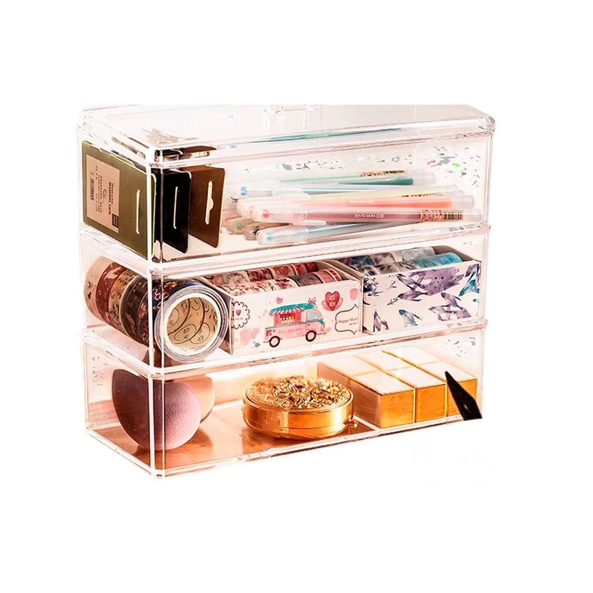 PACK4 CAJA ORGANIZADORA EN COLOR TRANSPARENTE CON TRES PISOS SIN SECCIONES Y+PAPEL REGALO - 3