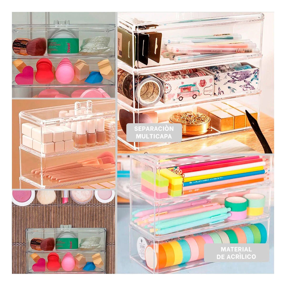 PACK6 ORGANIZADOR EN COLOR TRANSPARENTE DE ACRILICO CON 3 PISOS SIN DIVISIONES Y+PAPEL REGALO - 3