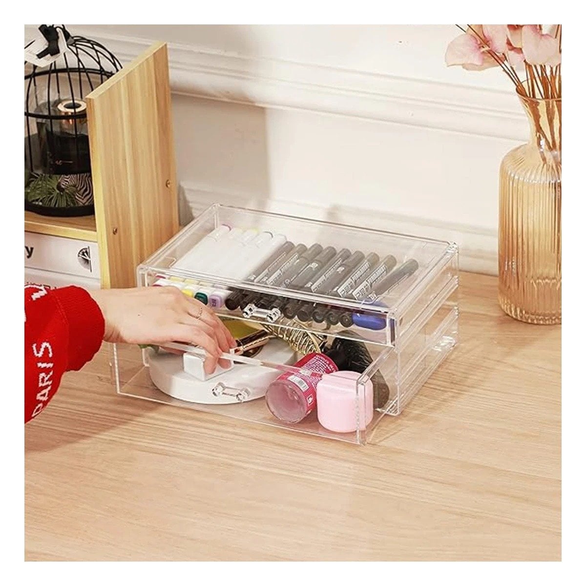 PACK4 ORGANIZADOR TRANSPARENTE ACRILICO DOBLE CAJON MULTIUSO Y+PAPEL REGALO - 5