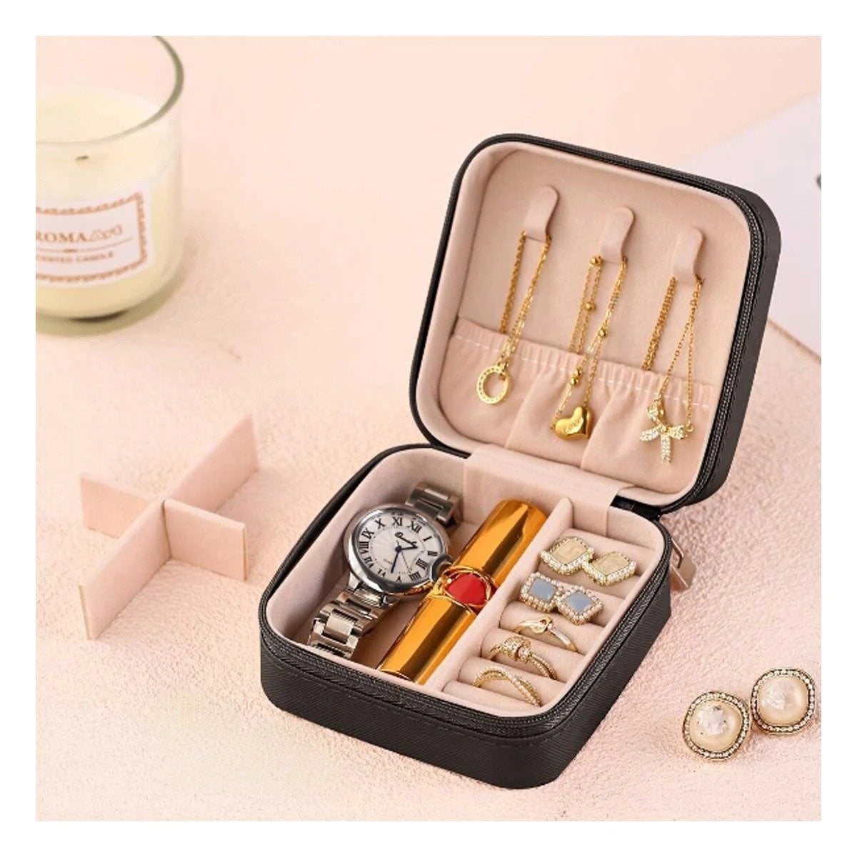 PACK2 COFRE PARA JOYAS MINI PORTATIL NEGRO IDEAL PARA MUJER Y+REGALO STICKER - 1