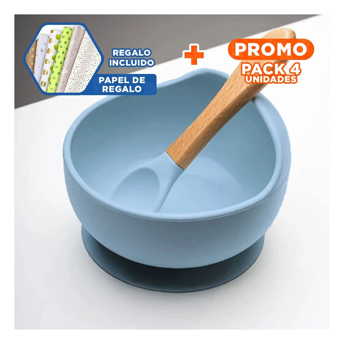 PACK4 RECIPIENTE PARA BEBE DE SILICONA CELESTE CON CUCHARA SUAVE Y COMODO Y+PAPEL REGALO - 1